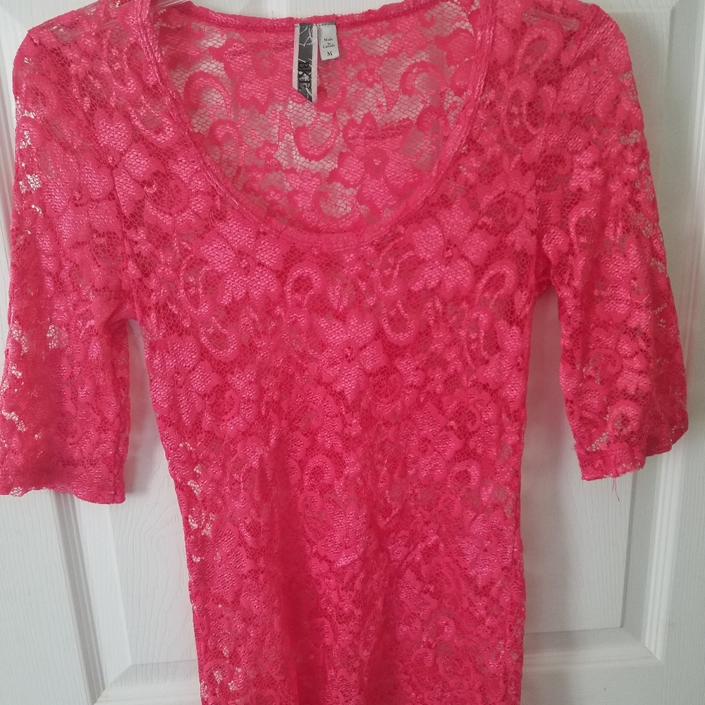 Buckle Pink Lace Quarter Sleeve Shirt M